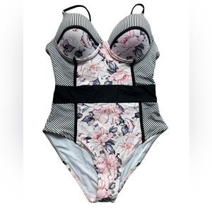 Cupshe Black and White With Pink Floral One Piece Swimsuit